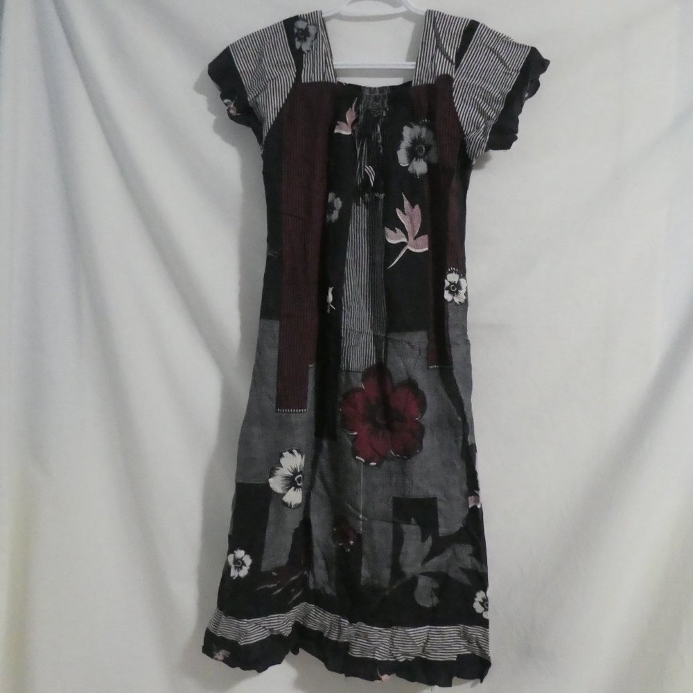 Handmade Patchwork Floral and Stripe Short Sleeve Square Neck Dress | BNWOT